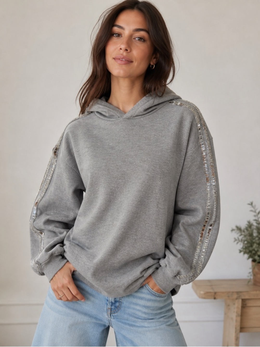 Urban Outfitters Gray Rhinestone Sleeve Hoodie Small